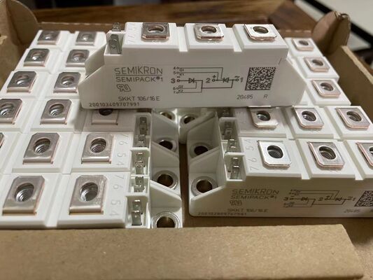 SKKT106/16E 1600V 106A ダブルタイリスター モジュール 低 VF 1.35V 2.4kA 突発 ALN セラミック ベース圧力 コンタクト SEMIPACK1 単離 UL ソフトスターターとドライブに認定