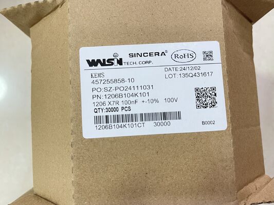 1206B104K101CT MLCC 1206ケース X7Rダイレクトリック 0.1μF ±10% 100V 定位低ESR 幅 -55°Cから+125°C 範囲 解離と電源フィルタリングに最適